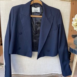 NWOT ZARA Cropped Navy/Gray Pinstripe Blazer Sz M